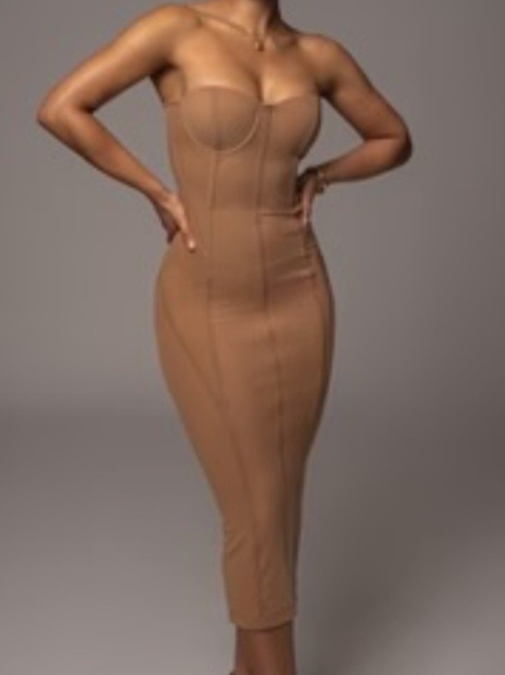 JLuxlabel Strapless Camel Bodycon Midi Dress
